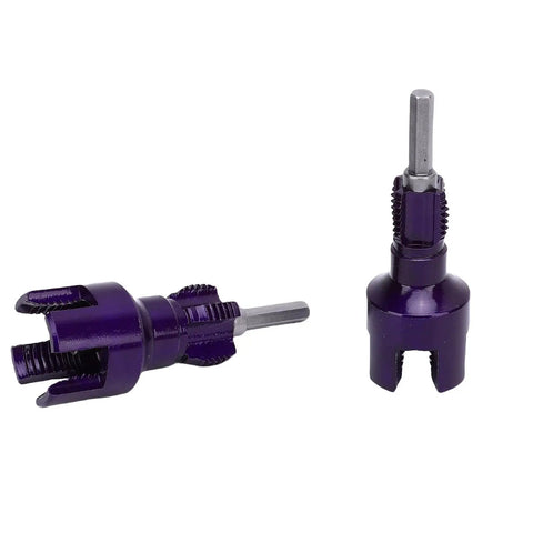 Dual Function Pipe Thread Cutting Tool Set For Internal And External Threads, DIY Friendly Design, Works On One Half Inch And Three Quarter Inch Pipes, Crafted From 40Cr Alloy Steel, Heavy Duty Hex Shank For Easy Electric Drill Threading, Two Pack, shown with two purple pipe thread cutters