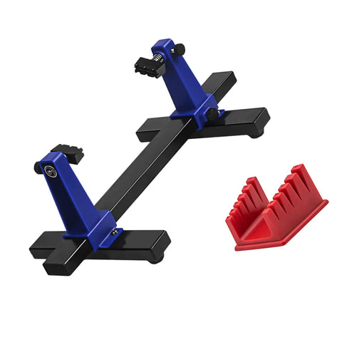 Multifunctional Welding Jig With Adjustable Cable Clamp And Slip Base For Electronics Assembly And Circuit Board Soldering Sweet Grip No Sweat Setup Heavy Duty Fixturing Tool in blue with red accessory.