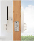 Side view of Traditional Home Connect Keypad Smart Lock Deadbolt With 10 Button Keypad One Touch Locking 250 User Codes Z Wave 700 SmartKey Satin Nickel Finish Backward Compatible With Existing Hubs And Panels installed.