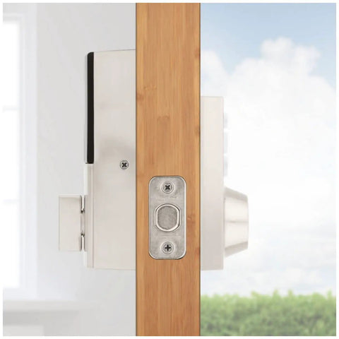 Side view of Traditional Home Connect Keypad Smart Lock Deadbolt With 10 Button Keypad One Touch Locking 250 User Codes Z Wave 700 SmartKey Satin Nickel Finish Backward Compatible With Existing Hubs And Panels installed.