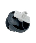 Close-up of omni-directional caster wheel for Roborock vacuum, black wheel with white mounting bracket.