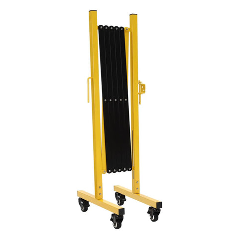 Heavy Duty Yellow And Black Folding Security Gate Built Like A Tank With Top Shelf Craftsmanship Smooth Rolling Casters And Quick Expand Adjustable Scissor Barrier For No Sweat Crowd Control, folded with wheels.