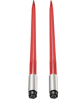 Two red-coated Workhorse Heavy Duty 39 Inch Hay Bale Spear Quick Attach Spike 3000 Lb Capacity with hex nut and sleeve.