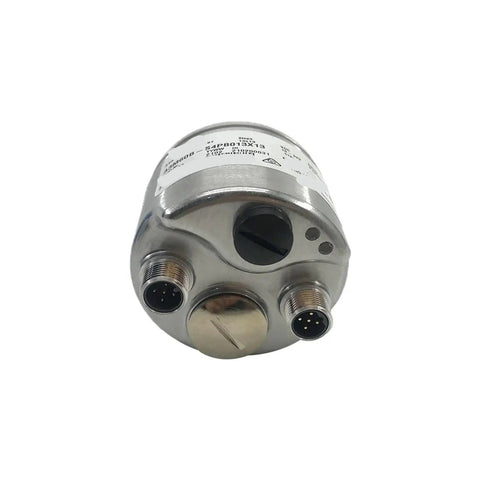 Close-up of Absolute Rotary Encoder With IP67 Shaft, showcasing sealed connectors for motors and robots, compact lightweight unit.