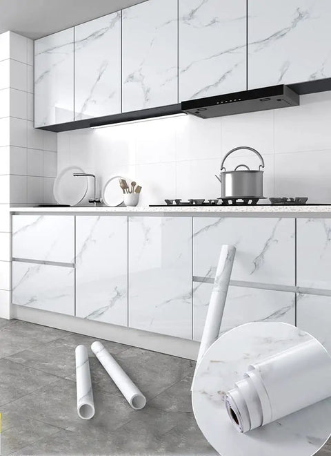Glossy Marble Peel And Stick Wallpaper In Granite Gray And White For Countertops Cabinets And Furniture Waterproof Self Adhesive Removable Vinyl Film 15.8 Inch By 197 Inch on modern kitchen cabinets