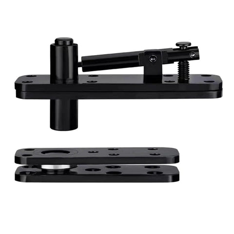 Front view of black 360° pin hinge set for Murphy bookcase doors; concealed, double bearing, high load
