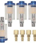 Heavy Duty Inline Air Water Separator For Spray Guns And Pneumatic Tools, 4 clear separators with blue caps and fittings.