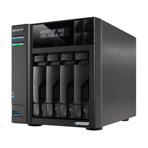 Rock Solid 4 Bay Network Attached Storage Drive featuring Intel Quad Core CPU, with four drive bays and digital display.