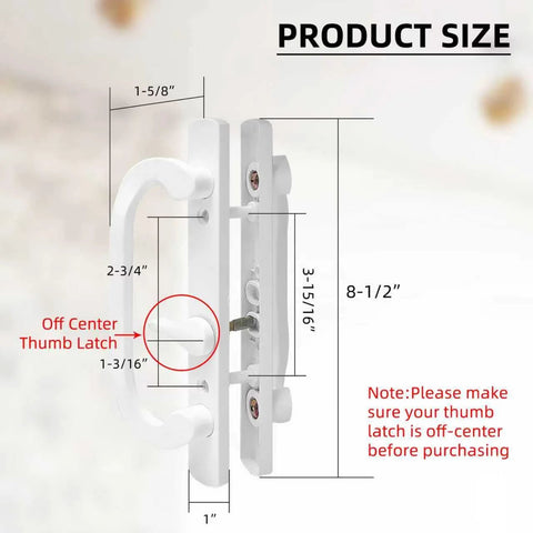 White Patio Sliding Glass Door Handle Set With Reversible Design Fits 1 3 8 To 2 1 4 Inch Thick Wood Or Vinyl Doors 3 15 16 Inch Hole Centers And 45 Degree Keyway For Offset B Position Latch Installations product dimensions diagram