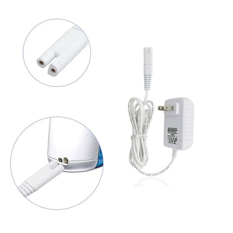 3V Water Flosser Charger Replacement For WP360 WP450 WP462 shown with 5 ft cable and 2 prong O and D connector, close-up view.