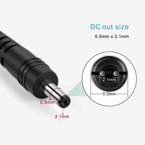 Close-up of 5.5 by 2.1mm DC barrel connector for 24V DC 1A 24W Power Supply AC To DC Adapter 100-240V Input with measurements shown.