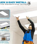 Smooth Upgrade With 6 Pack 2x4 Led Drop Ceiling Panels Featuring Zero Sweat Install Adjustable 30 To 72 Watt Output Five Step Cool To Warm Hue Tuning And Rock Solid 0 To 10V Dimming For Total Room Coverage installation showing recessed grid ceiling setup.