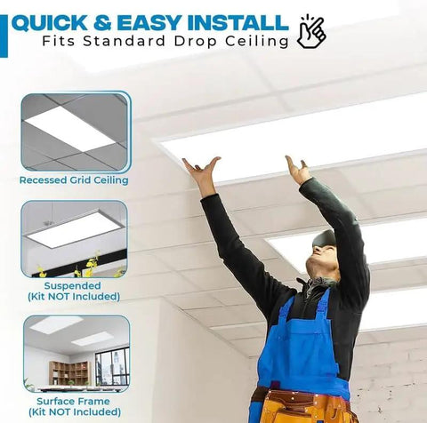 Smooth Upgrade With 6 Pack 2x4 Led Drop Ceiling Panels Featuring Zero Sweat Install Adjustable 30 To 72 Watt Output Five Step Cool To Warm Hue Tuning And Rock Solid 0 To 10V Dimming For Total Room Coverage installation showing recessed grid ceiling setup.