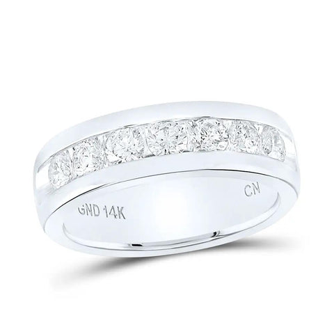 Mens 14K White Gold Wedding Band Ring Showcasing Round Brilliant Diamonds in A Sleek Channel Setting 1.50 CTW Total Weight side view with diamonds.