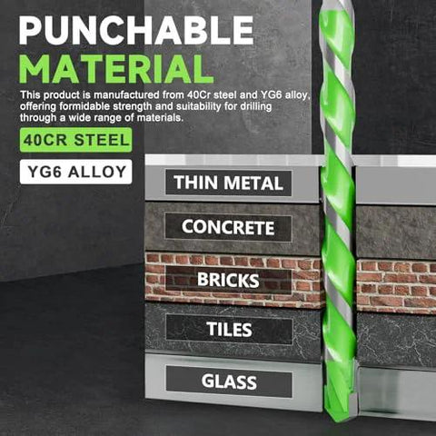 Front view of a 5-pack 3/16 in carbide-tipped masonry drill bits with hex shanks (green).