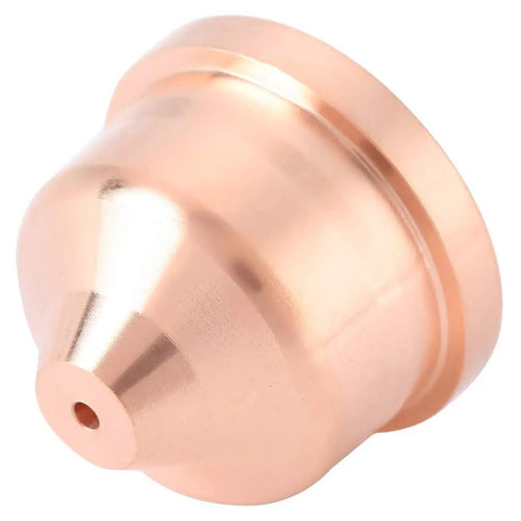 5 Pack Copper Plasma Cutter Nozzles 420169 Torch Tips For Heavy Duty Cutting Machines Steel And Stainless Steel Aluminum Jobs That Will Pop, close-up view of a copper nozzle.
