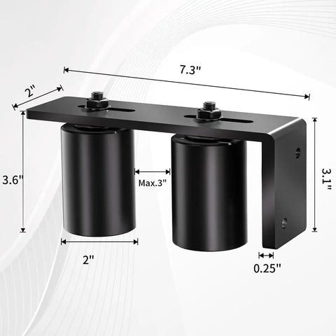 Heavy Duty Sliding Gate Roller Kit With 3 Inch Adjustable L Shaped Rear Post Bracket Universal Fit For Sliding Gates And Rolling Doors Beefy Steel Roller System shown with dimensions of rollers and bracket in black metal finish.