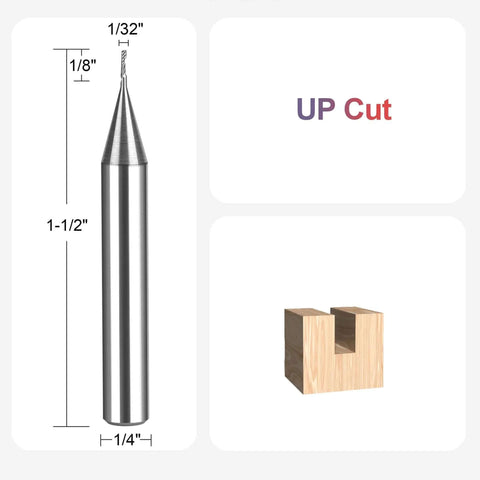 SpeTool O-flute router bit, front view, 1/4 in shank, 1/32 in cutting diameter, upcut solid carbide end mill.