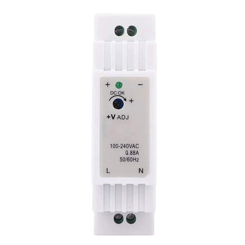 Single Output DR-15-12 DIN Rail Switching Power Supply For Industrial Control Equipment Rock Solid, Compact DIN Rail Mount PWM Modulation Low Ripple Flame Retardant Housing Heat Resistant Long Life Perfect For Control Cabinets front view, white body