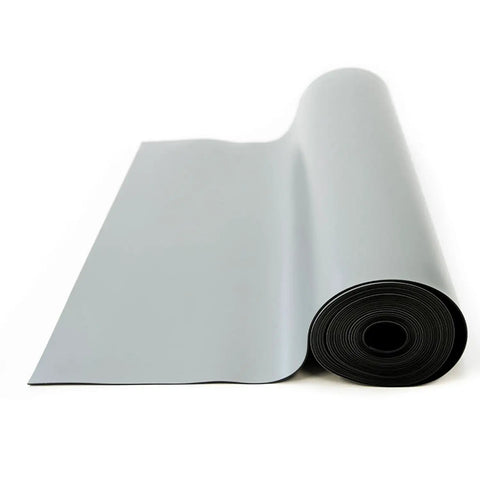 Rolled ESD Safe High Temperature Mat, gray, two-layer rubber, 2ft by 10ft, visible from side angle, for electronics assembly use.