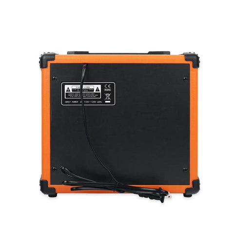 Back view of 20W Portable Bass Amp For Practice With 6.5 Inch Speaker Orange Finish MP3 Input Headphone Jack Treble Middle Bass Controls