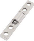 Close-up view of friction hinge for cabinets and interior doors with 360 degree shaft rotation and 36mm length in silver tone nickel plated iron