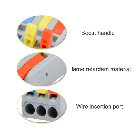 Snazzy Mini Push In Wire Splitter Terminal Block With 10 Pieces For Instant Tool Free Splicing Of Solid Stranded And Flexible Copper Conductors In Home Wiring And Led Projects Featuring Tin Plated Contacts And Flame Retardant PA66 Housing Rating For, wire insertion port and flame retardant housing