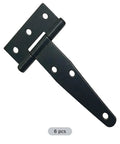Six Pack Four Inch Galvanized T Hinges for Heavy Duty Shed Gates, showcasing black coated steel hinge with pre-drilled holes.