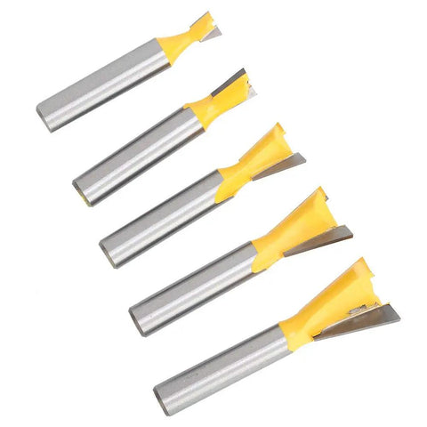 Pro Grind Five Piece Dovetail Router Bit Set for cabinets, six to eighteen millimeters, heavy-duty hardwood and softwood finish work.