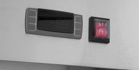 Kickass Heavy Duty Two Door Reach In Commercial Freezer All Stainless Steel Exterior And Interior digital control panel and power switch.
