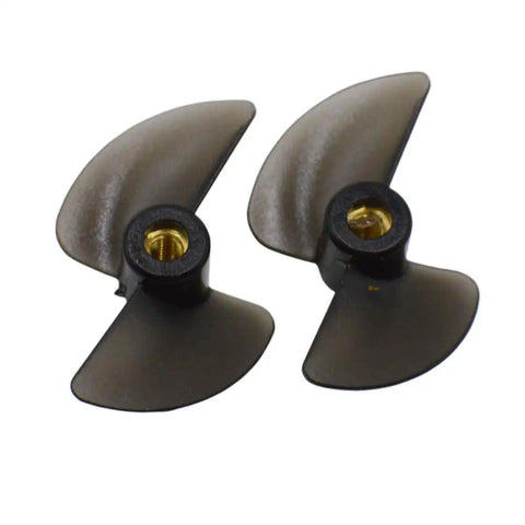 Two Pack H102 RC Boat Propeller Set With 2.4mm Locknuts For H100 H102 H106 H108 H120 Models Replacement Propellers And Spare Parts For TKKJ Skytech High Speed Boats, showcasing two black propellers with brass inserts.