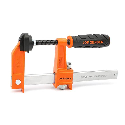 Heavy Duty 6 Inch Steel Bar Clamp for Woodworking and DIY Projects, Orange, Sure Grip Construction, Reaches Up To 3 Inches From Edge To Screw Center, Maximum Opening 6 Inches, Built For Hard Use By Hobbyists And Pros. Orange steel bar clamp with black handle