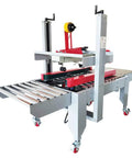 Heavy Duty Full Automatic Double Flap Case Sealer Machine For Fast Box Taping And Smooth Warehouse Packing Adjustable Size Fits Most Carton Sizes Uses Standard Adhesive Tape Reliable 110 Volt Plug And Play Design, featuring stainless steel construction and rollers.