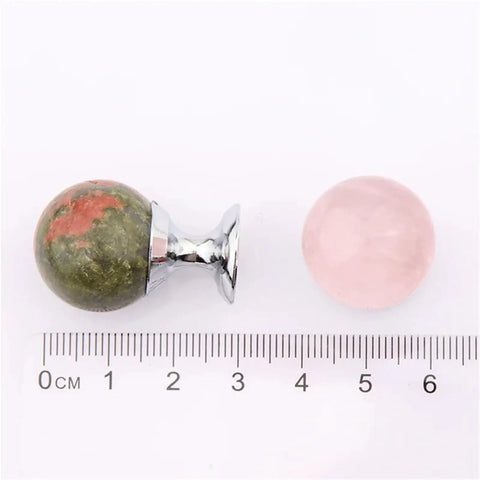 Slick Crystal Sphere Drawer Knobs Plus Heavy Duty Cabinet Grips For Smooth Operation Kitchen Cabinets And Closet Pulls Top Shelf Nifty Hardware Set Of Two, includes green and pink knobs with chrome bases.