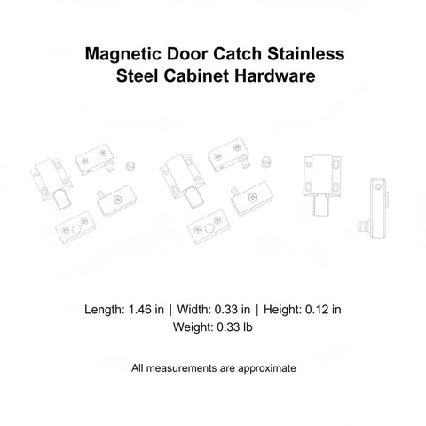 Diagram of a Magnetic Door Catch for Glass Doors and RV Cupboards, Stainless Steel, with dimensions and features labeled.