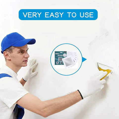 Man using Six Pack 4x4 Inch Self Adhesive Aluminum Drywall Patch Kit For Walls And Ceilings No Mess Easy Fix Patch With Fiberglass Reinforcement.