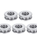Six mounted axial ball thrust bearings, silver metal, 10x5x5 mm size.