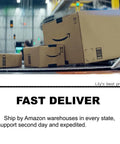 Brown cardboard boxes with Amazon logo stacked in a warehouse for fast delivery services.
