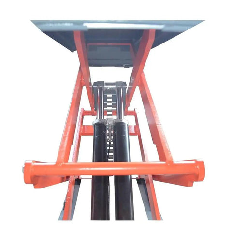 View of the hydraulic system in the Top Tier Heavy Duty Scissor Auto Lift Featuring Eight Thousand Pound Capacity Auto Leveling Motor.