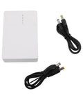 Keep The Wifi Alive With This Solid 7800mAh UPS Battery Backup Powers Your Router And Modem For Six Hours Flat Even During Blackouts. White battery backup with dual output cords.