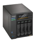 Four Bay Network Attached Storage Built To Last With Blazing Fast AMD Ryzen Quad Core Processor And Sixteen Gigabyte DDR5 Memory Triple One Terabyte NVMe Drives Dual Ten Gigabit Plus Five Gigabit Ethernet Ports For Zero Lag Heavy Duty Workflow, featuring a sleek black design with four drive bays.