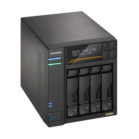Four Bay Network Attached Storage Built To Last With Blazing Fast AMD Ryzen Quad Core Processor And Sixteen Gigabyte DDR5 Memory Triple One Terabyte NVMe Drives Dual Ten Gigabit Plus Five Gigabit Ethernet Ports For Zero Lag Heavy Duty Workflow, featuring a sleek black design with four drive bays.