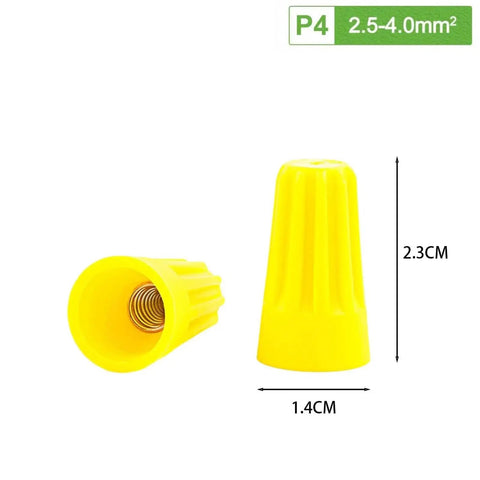 Huge 500PCS Wire Connector Kit With P1 Through P6 Twist Terminal Caps For Solid And Stranded Copper Wiring That Really Locks Things Down Tight And Keeps Your Electrical Gigs Safe From Shorts Or Accidental Shocks. P4 yellow twist wire cap for 2.5-4.0mm² copper wiring, 2.3cm