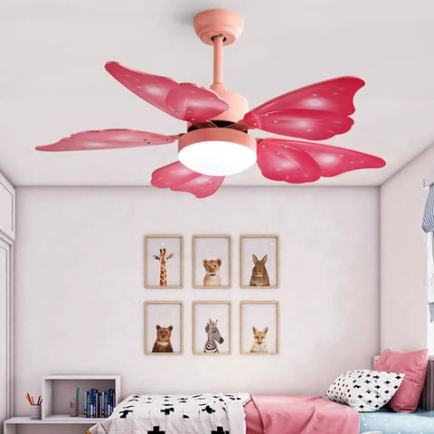 Sleek Decorative Ceiling Fan With Integrated LED Lights And Remote Control above a child’s bed in pink and white room decor.