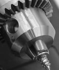 Close-up of the Miniature Buddha Beads Lathe For DIY Woodworking With All Metal Body And 775 Motor, showcasing metal chuck and gear detail.