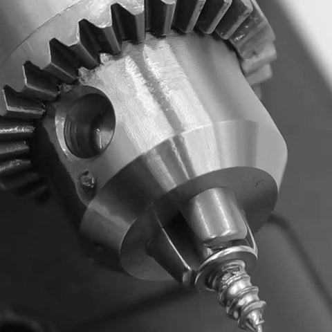 Close-up of the Miniature Buddha Beads Lathe For DIY Woodworking With All Metal Body And 775 Motor, showcasing metal chuck and gear detail.