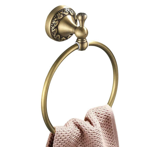 Antique Brass Bathroom Accessories 4 Piece Wave Pattern Wall Mount Set Towel Ring with Retro Vintage Look Brass Material