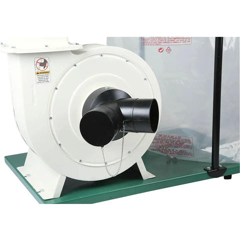 Heavy Duty 2 HP Dust Collector With Balanced Cast Aluminum Impeller And Dual Four Inch Inlets For Workshops side view of impeller and inlet tube.