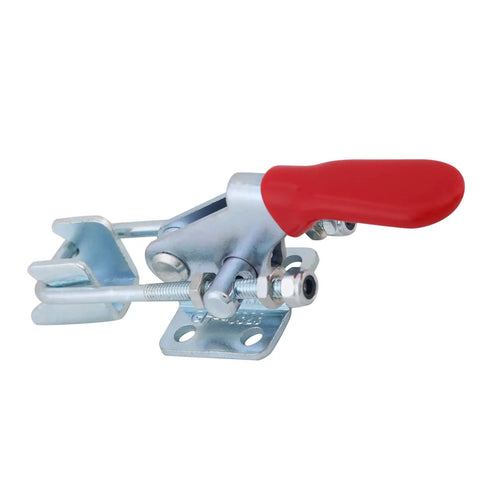 Heavy Duty Toggle Clamp Set With Ergonomic Grip For Metal Assembly And Welding Workholding Featuring 360 Lbs Holding Power close-up view of clamp with red handle.