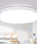 Remote Controlled Dimmable Flush Mount LED Ceiling Light, Modern Surface Mount Fixture For Closet, Bathroom, Entryway, Or Kitchen, Three Color Temperatures 3000K, 4000K And 6000K, Night Light, Auto Timer, Easy Install shown installed with remote control.
